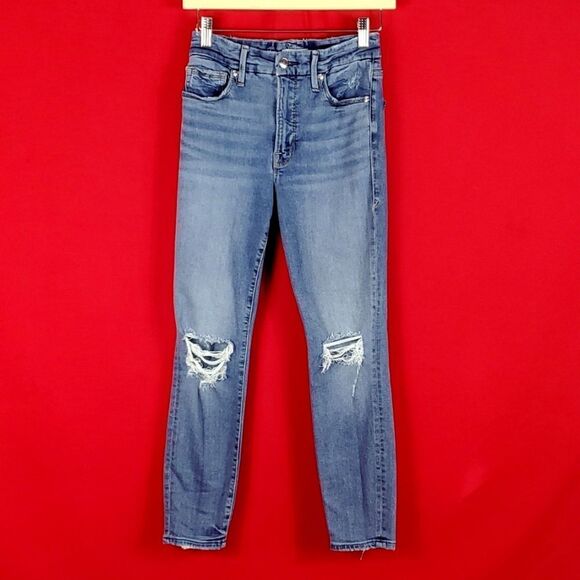 GOOD AMERICAN Good Legs High Rise Ripped Skinny Crop Jeans‎ in Blue261 Size 4/27 - Picture 2 of 7